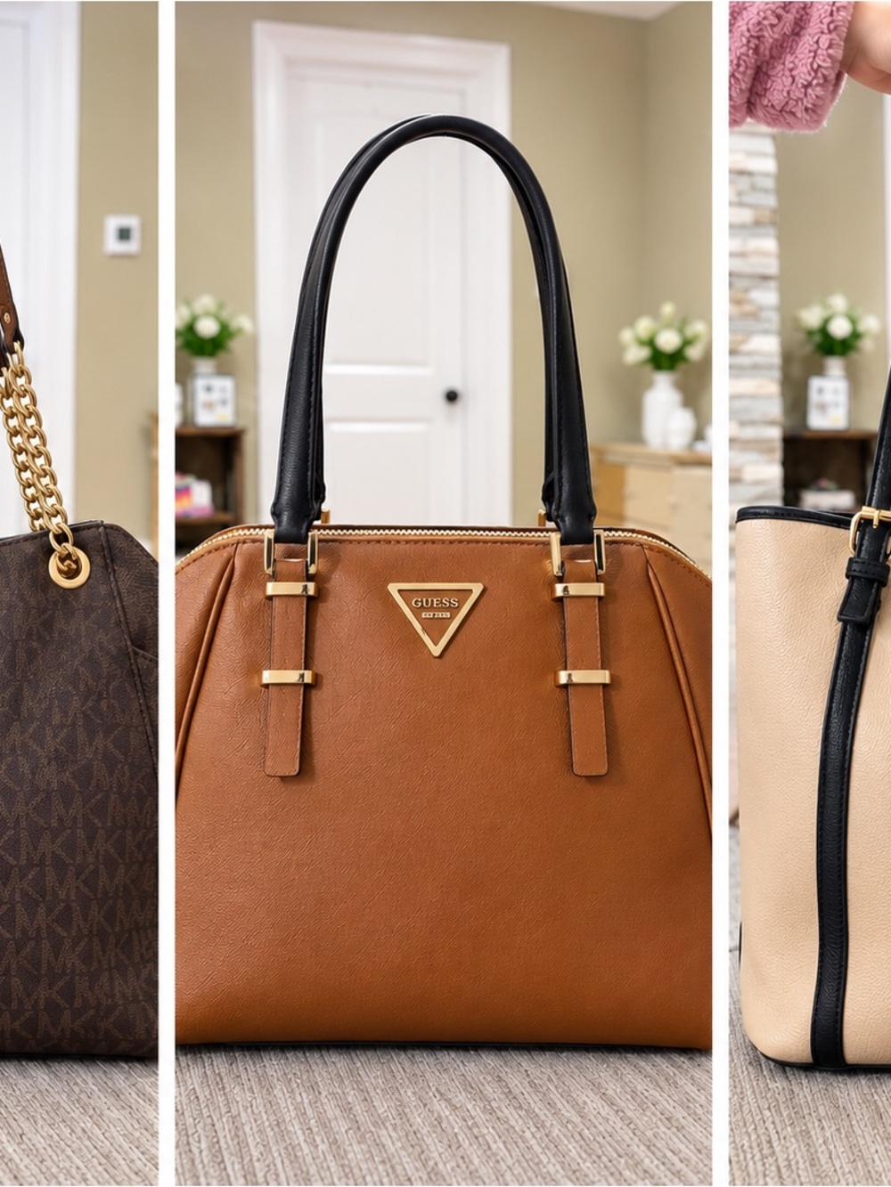 GUESS Tan Satchel with Black Handles and Gold Accents